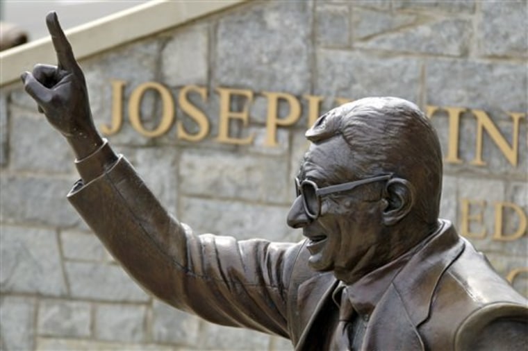 The statue of former Penn State University head football coach Joe Paterno stands outside Beaver Stadium in State College, Pa.